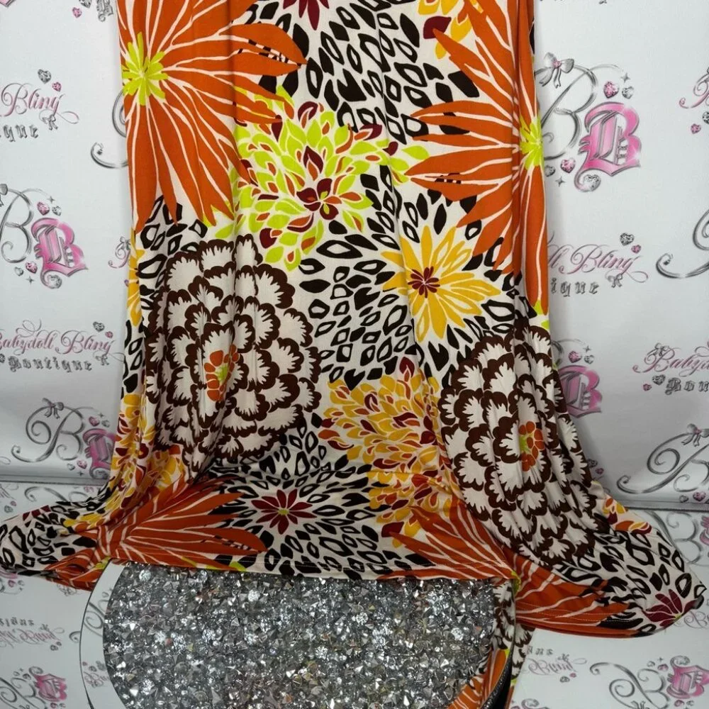 Floral dress cinching ribbon 🎀 tie shoulder stretchy slinky flowers hippie - Picture 3 of 12